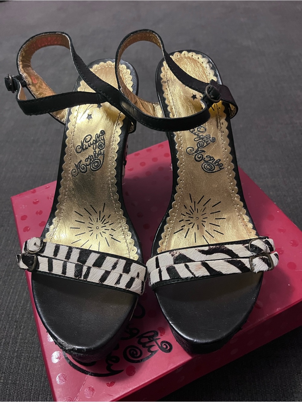 Naughty Monkey Black and White Zebra-Striped Ankle Strap Heels Size 9
